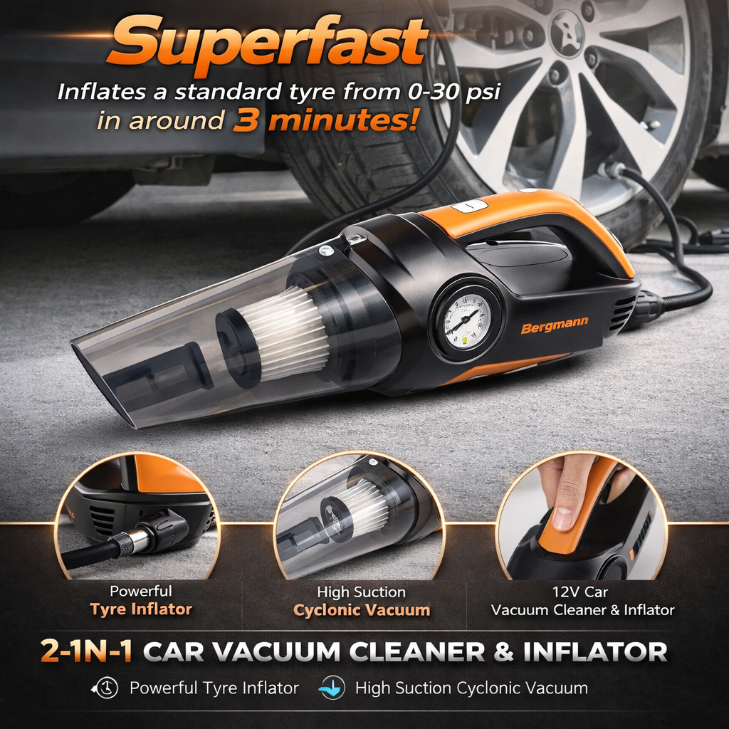 Bergmann CYCLONIC 2-in-1 Car Vacuum & Inflator